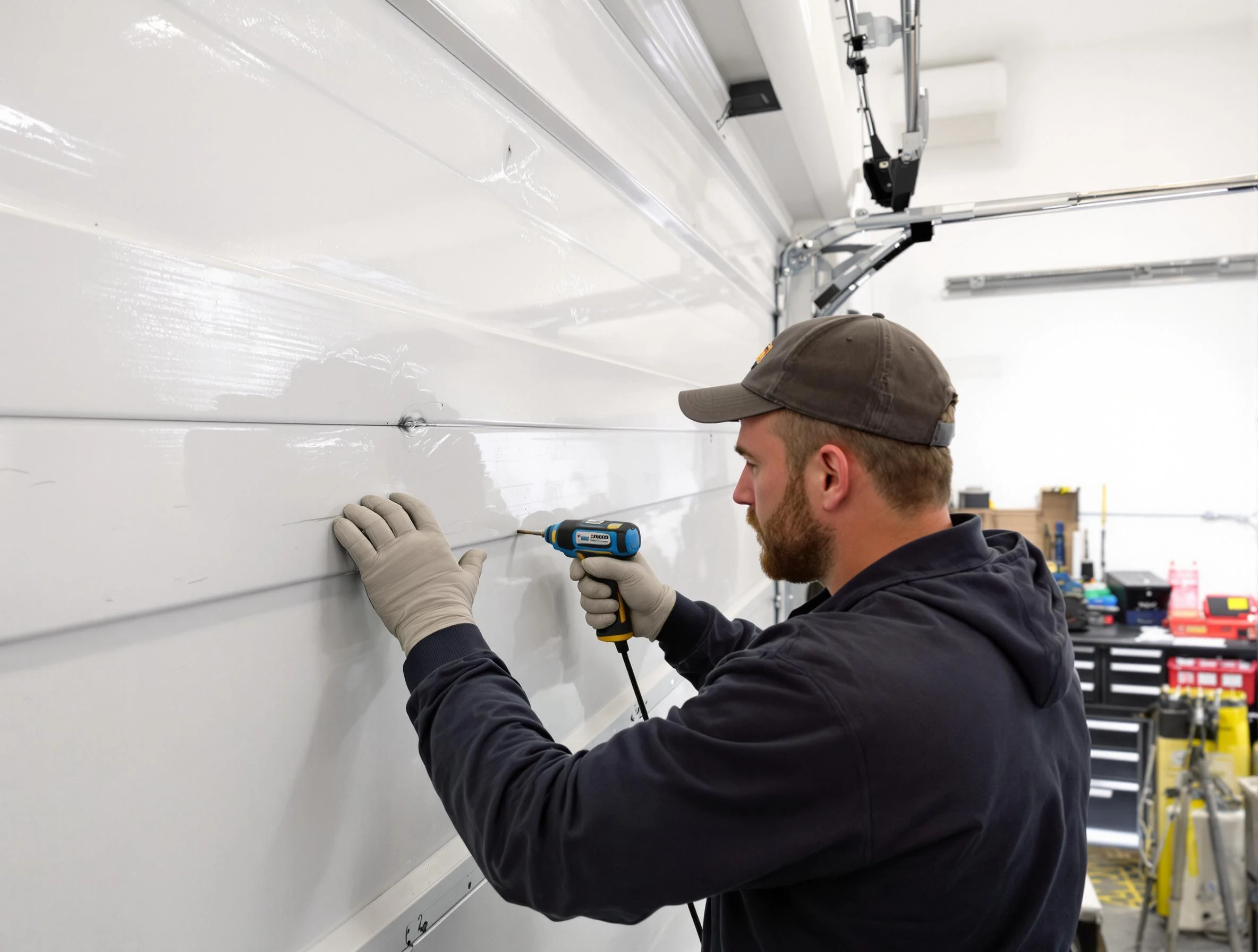 South Jordan Garage Door Repair technician demonstrating precision dent removal techniques on a South Jordan garage door